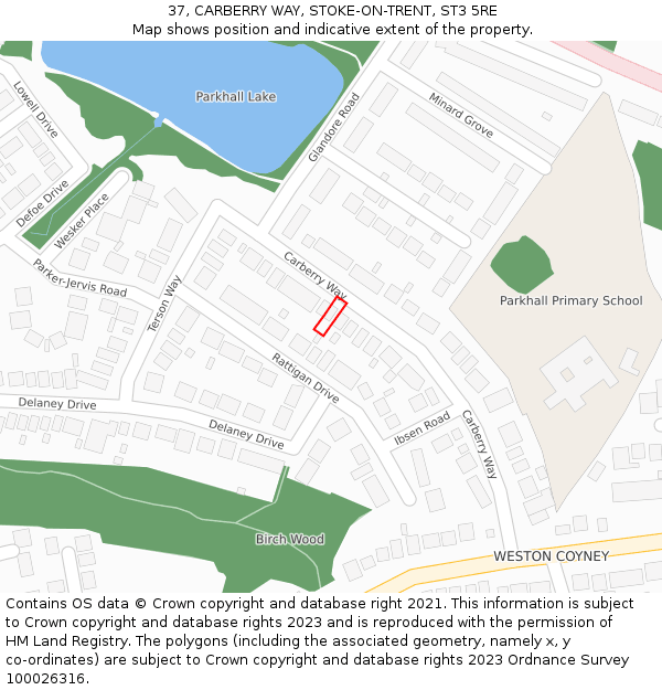 37, CARBERRY WAY, STOKE-ON-TRENT, ST3 5RE: Location map and indicative extent of plot