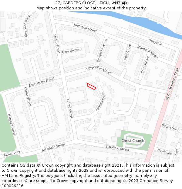 37, CARDERS CLOSE, LEIGH, WN7 4JX: Location map and indicative extent of plot