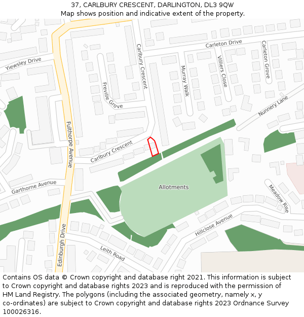 37, CARLBURY CRESCENT, DARLINGTON, DL3 9QW: Location map and indicative extent of plot