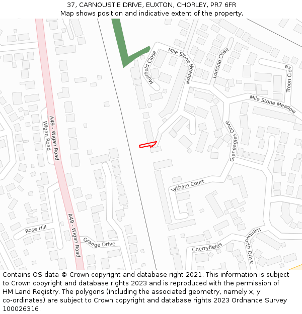 37, CARNOUSTIE DRIVE, EUXTON, CHORLEY, PR7 6FR: Location map and indicative extent of plot