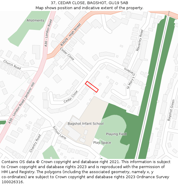 37, CEDAR CLOSE, BAGSHOT, GU19 5AB: Location map and indicative extent of plot