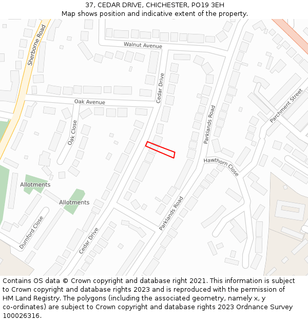 37, CEDAR DRIVE, CHICHESTER, PO19 3EH: Location map and indicative extent of plot