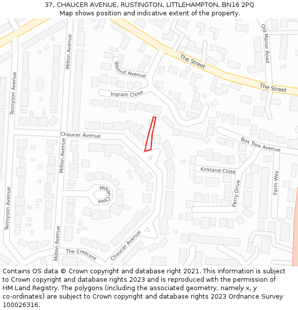 37, CHAUCER AVENUE, RUSTINGTON, LITTLEHAMPTON, BN16 2PQ: Location map and indicative extent of plot