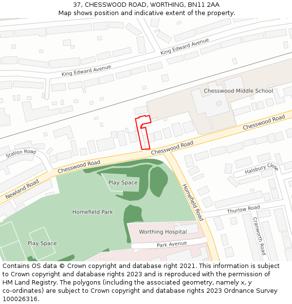 37, CHESSWOOD ROAD, WORTHING, BN11 2AA: Location map and indicative extent of plot