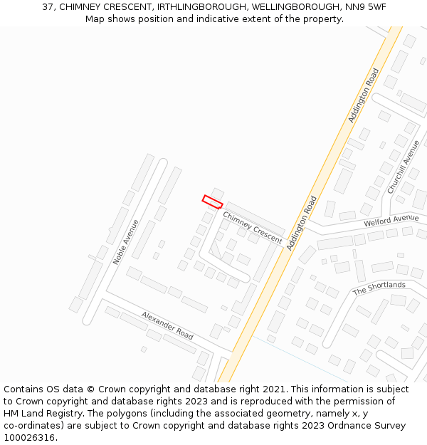 37, CHIMNEY CRESCENT, IRTHLINGBOROUGH, WELLINGBOROUGH, NN9 5WF: Location map and indicative extent of plot