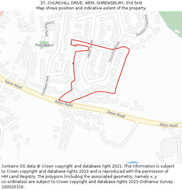 37, CHURCHILL DRIVE, WEM, SHREWSBURY, SY4 5HX: Location map and indicative extent of plot