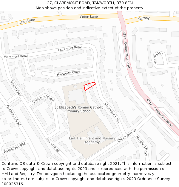 37, CLAREMONT ROAD, TAMWORTH, B79 8EN: Location map and indicative extent of plot