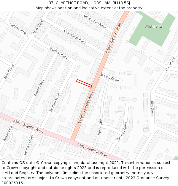 37, CLARENCE ROAD, HORSHAM, RH13 5SJ: Location map and indicative extent of plot