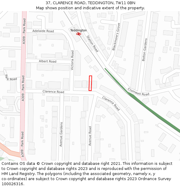 37, CLARENCE ROAD, TEDDINGTON, TW11 0BN: Location map and indicative extent of plot