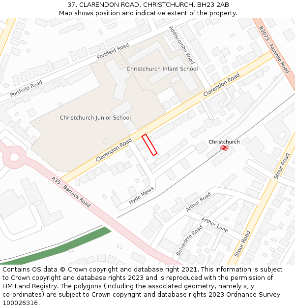 37, CLARENDON ROAD, CHRISTCHURCH, BH23 2AB: Location map and indicative extent of plot