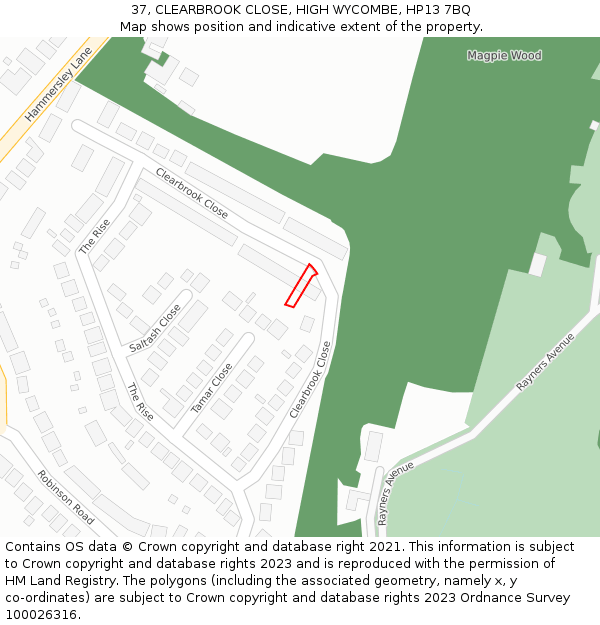 37, CLEARBROOK CLOSE, HIGH WYCOMBE, HP13 7BQ: Location map and indicative extent of plot