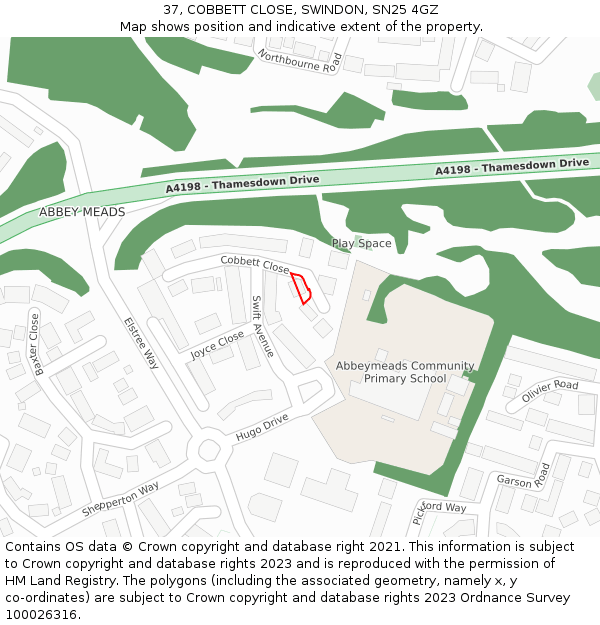 37, COBBETT CLOSE, SWINDON, SN25 4GZ: Location map and indicative extent of plot