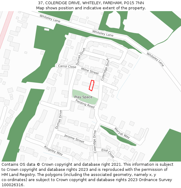 37, COLERIDGE DRIVE, WHITELEY, FAREHAM, PO15 7NN: Location map and indicative extent of plot