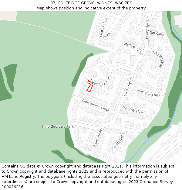 37, COLERIDGE GROVE, WIDNES, WA8 7ES: Location map and indicative extent of plot