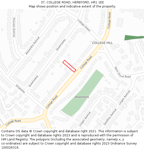 37, COLLEGE ROAD, HEREFORD, HR1 1EE: Location map and indicative extent of plot