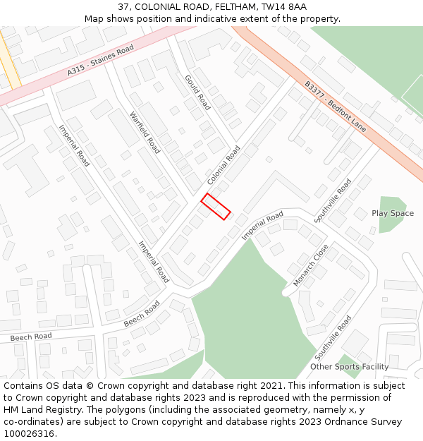 37, COLONIAL ROAD, FELTHAM, TW14 8AA: Location map and indicative extent of plot