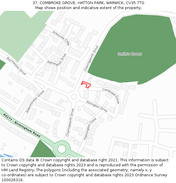 37, COMBROKE GROVE, HATTON PARK, WARWICK, CV35 7TG: Location map and indicative extent of plot