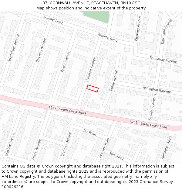 37, CORNWALL AVENUE, PEACEHAVEN, BN10 8SG: Location map and indicative extent of plot