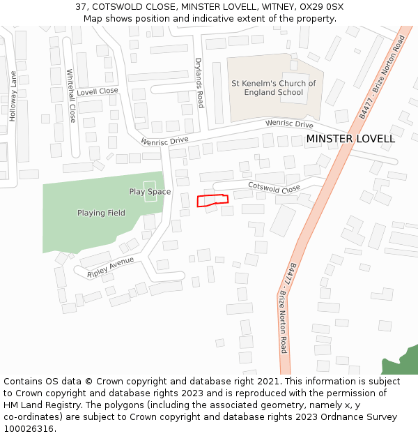 37, COTSWOLD CLOSE, MINSTER LOVELL, WITNEY, OX29 0SX: Location map and indicative extent of plot