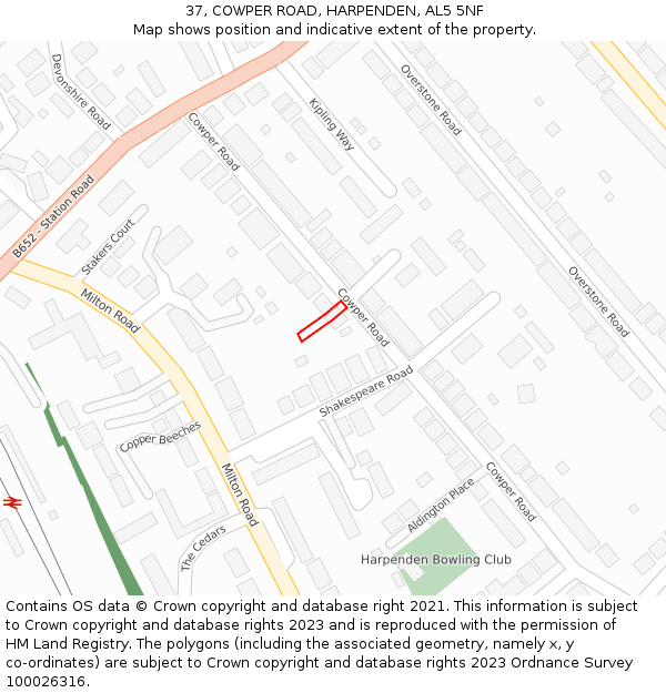 37, COWPER ROAD, HARPENDEN, AL5 5NF: Location map and indicative extent of plot