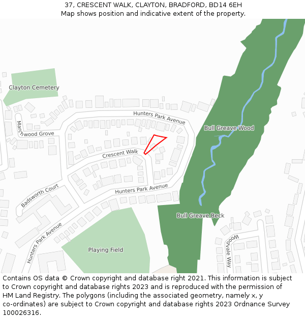 37, CRESCENT WALK, CLAYTON, BRADFORD, BD14 6EH: Location map and indicative extent of plot