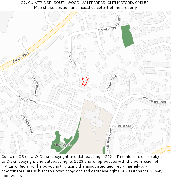 37, CULVER RISE, SOUTH WOODHAM FERRERS, CHELMSFORD, CM3 5FL: Location map and indicative extent of plot