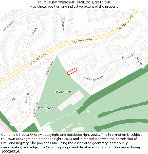 37, CURLEW CRESCENT, BASILDON, SS16 5HR: Location map and indicative extent of plot