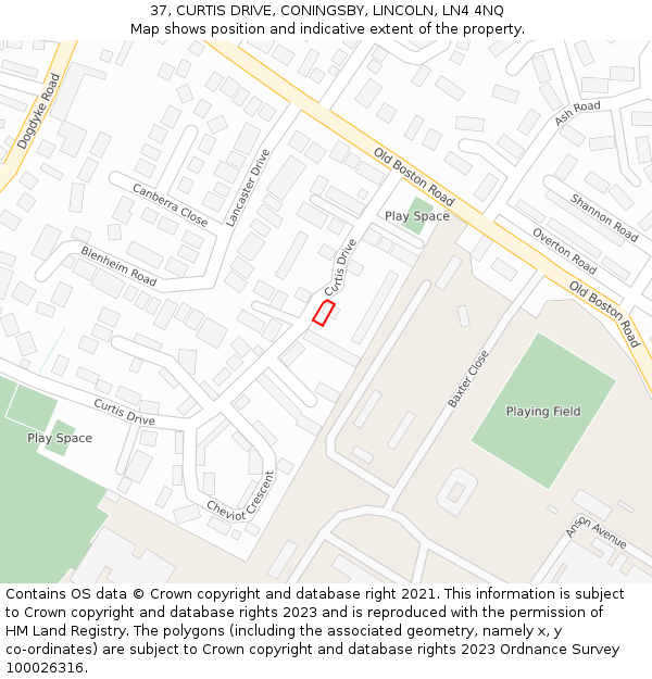 37, CURTIS DRIVE, CONINGSBY, LINCOLN, LN4 4NQ: Location map and indicative extent of plot