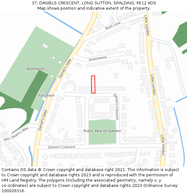 37, DANIELS CRESCENT, LONG SUTTON, SPALDING, PE12 9DS: Location map and indicative extent of plot