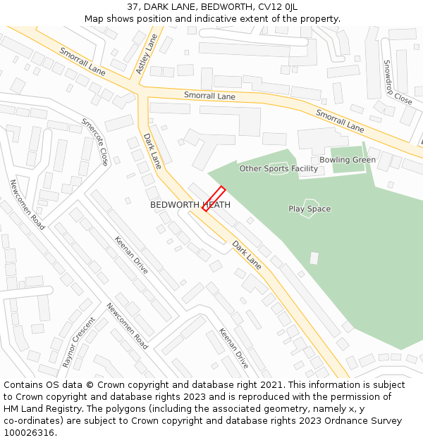 37, DARK LANE, BEDWORTH, CV12 0JL: Location map and indicative extent of plot