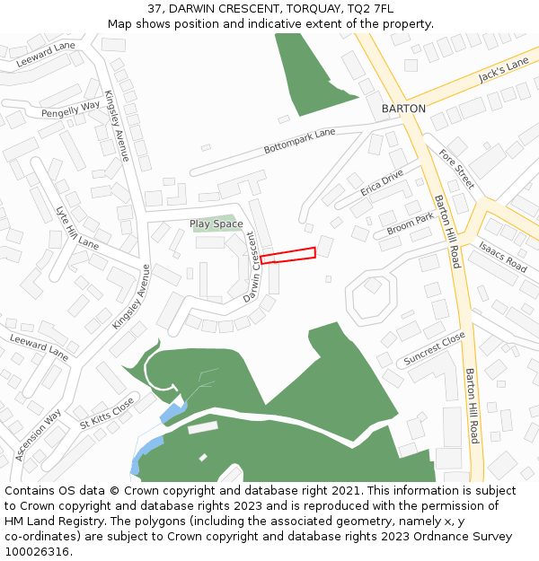 37, DARWIN CRESCENT, TORQUAY, TQ2 7FL: Location map and indicative extent of plot