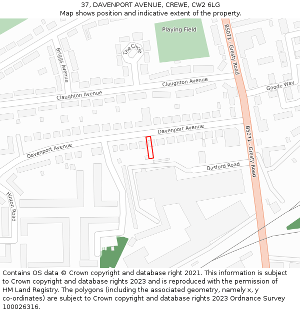 37, DAVENPORT AVENUE, CREWE, CW2 6LG: Location map and indicative extent of plot