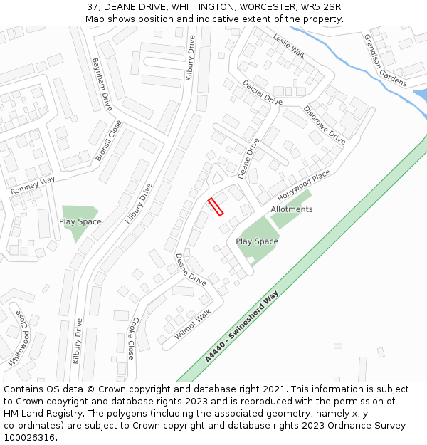 37, DEANE DRIVE, WHITTINGTON, WORCESTER, WR5 2SR: Location map and indicative extent of plot