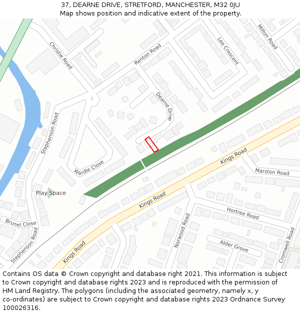 37, DEARNE DRIVE, STRETFORD, MANCHESTER, M32 0JU: Location map and indicative extent of plot