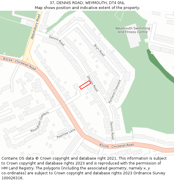 37, DENNIS ROAD, WEYMOUTH, DT4 0NL: Location map and indicative extent of plot