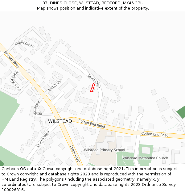 37, DINES CLOSE, WILSTEAD, BEDFORD, MK45 3BU: Location map and indicative extent of plot