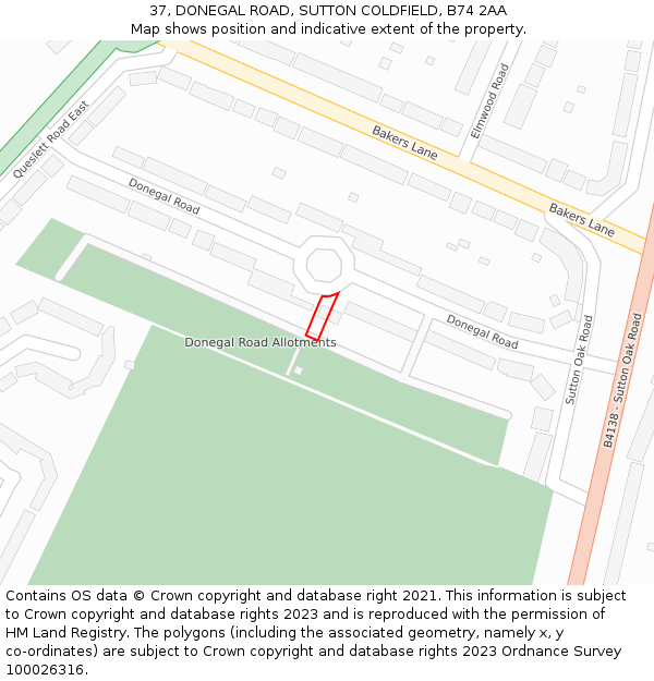 37, DONEGAL ROAD, SUTTON COLDFIELD, B74 2AA: Location map and indicative extent of plot