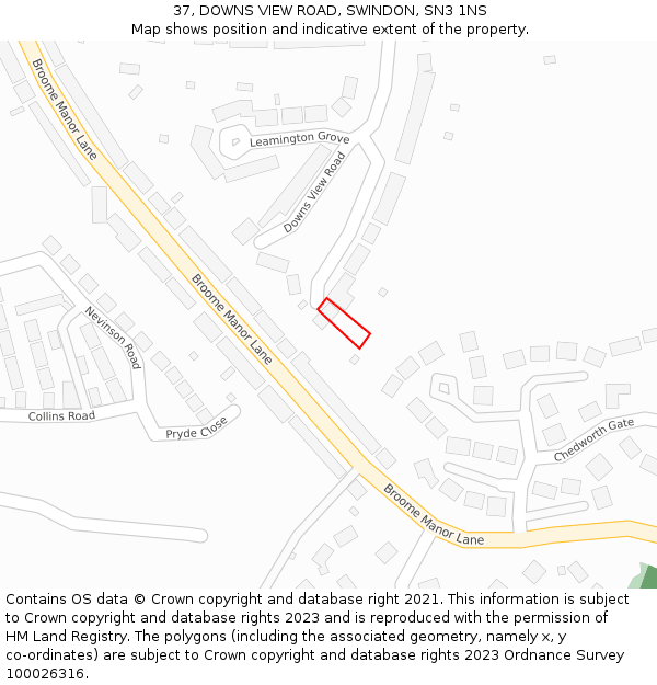 37, DOWNS VIEW ROAD, SWINDON, SN3 1NS: Location map and indicative extent of plot