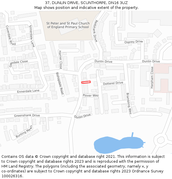 37, DUNLIN DRIVE, SCUNTHORPE, DN16 3UZ: Location map and indicative extent of plot