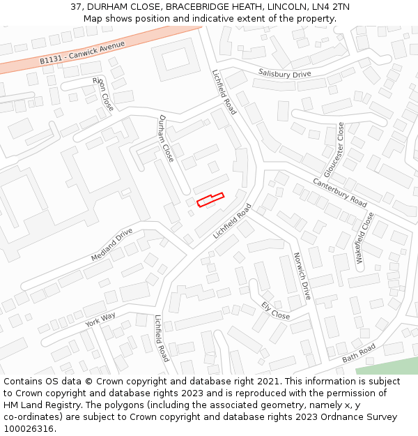 37, DURHAM CLOSE, BRACEBRIDGE HEATH, LINCOLN, LN4 2TN: Location map and indicative extent of plot
