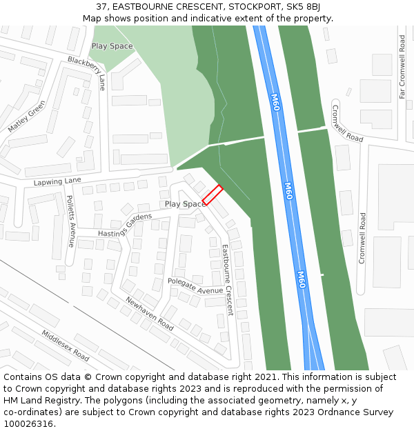 37, EASTBOURNE CRESCENT, STOCKPORT, SK5 8BJ: Location map and indicative extent of plot