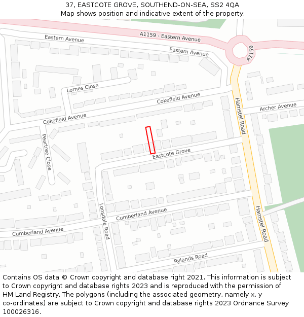 37, EASTCOTE GROVE, SOUTHEND-ON-SEA, SS2 4QA: Location map and indicative extent of plot