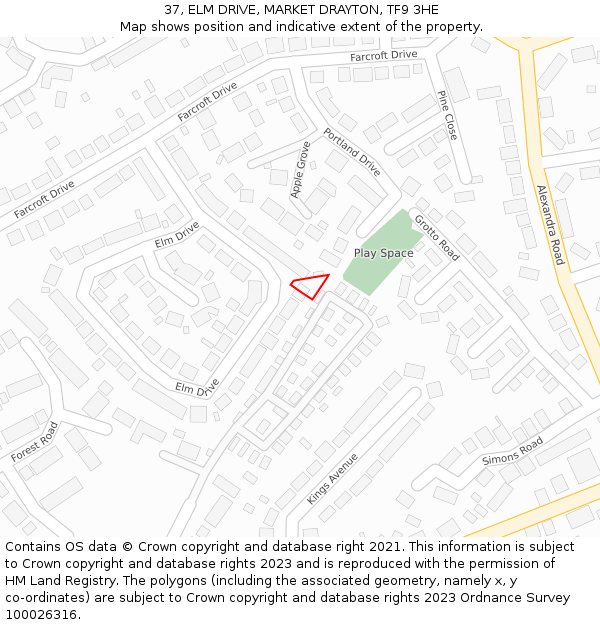 37, ELM DRIVE, MARKET DRAYTON, TF9 3HE: Location map and indicative extent of plot