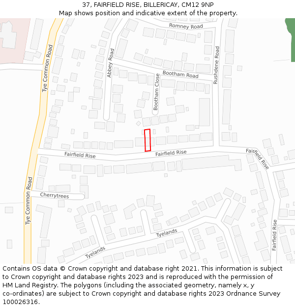 37, FAIRFIELD RISE, BILLERICAY, CM12 9NP: Location map and indicative extent of plot