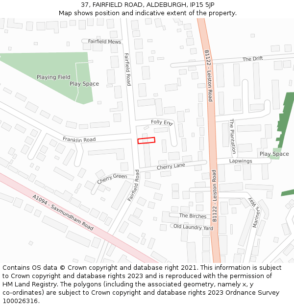 37, FAIRFIELD ROAD, ALDEBURGH, IP15 5JP: Location map and indicative extent of plot