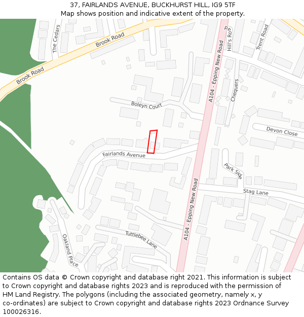 37, FAIRLANDS AVENUE, BUCKHURST HILL, IG9 5TF: Location map and indicative extent of plot