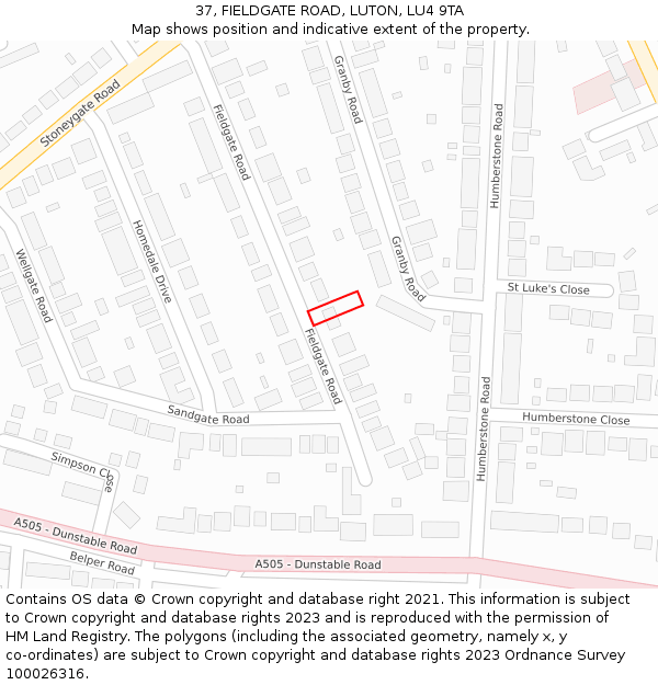 37, FIELDGATE ROAD, LUTON, LU4 9TA: Location map and indicative extent of plot