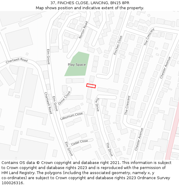 37, FINCHES CLOSE, LANCING, BN15 8PR: Location map and indicative extent of plot