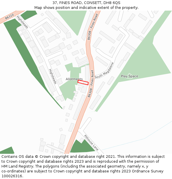 37, FINES ROAD, CONSETT, DH8 6QS: Location map and indicative extent of plot