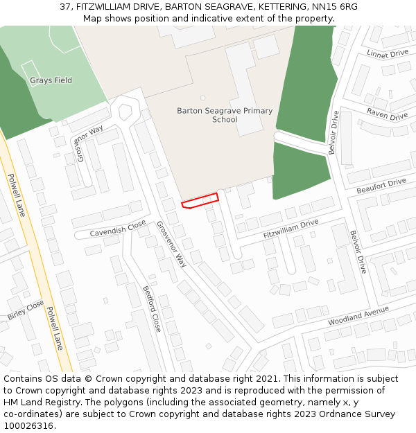 37, FITZWILLIAM DRIVE, BARTON SEAGRAVE, KETTERING, NN15 6RG: Location map and indicative extent of plot